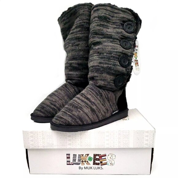 MUK LUKS Liza Knit Buttoned Oxford Ebony Marble Winter Boots Women's Size 8 - Picture 2 of 12